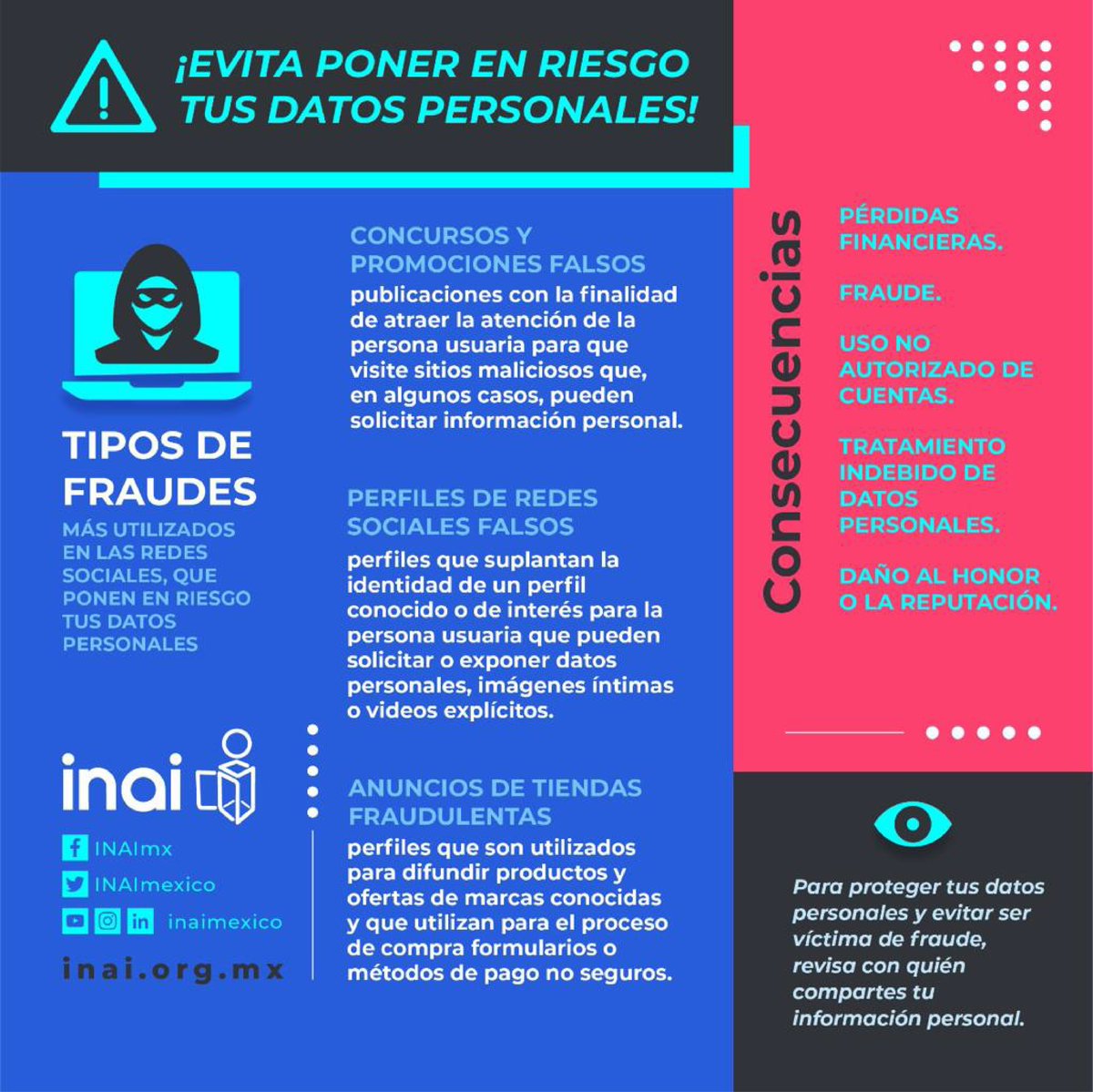 Datos_inai's tweet image. 🕵🏻🔍¡Evita poner en riesgo tus #DatosPersonales!
Revisa con quien compartes tu información y evita ser víctima de fraudes en redes sociales, como:
▪️Concursos y promociones falsas
▪️Perfiles de redes sociales falsos
▪️Anuncios de tiendas fraudulentas
