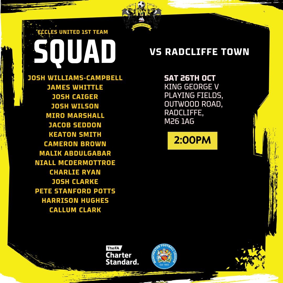 EcclesUnited's tweet photo. ⚡️SQUADS⚡️

Seconds at home yet again looking to be more ruthless this week after being held at home last week, this time welcoming UOB.

Meanwhile, the First Team look to bounce back from last week’s defeat as they make the journey to Radcliffe.

#UTE🎗 https://t.co/bONsG1829d