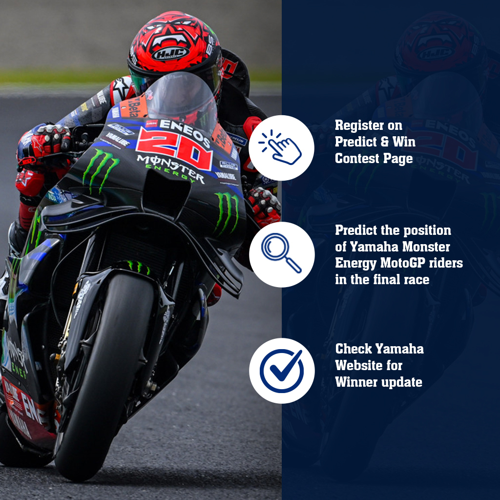 India_Yamaha's tweet photo. It’s Thailand GP time! Predict our Yamaha rider’s position and gear up to win amazing prizes! Drop your prediction now.
Participate Now: https://t.co/aGZClQrP1r
.
#MonsterYamaha #YamahaMotoGP #CallofTheBlue #PredictandWinContest #ContestAlert #YamahaMotorIndia #ThailandGP https://t.co/lNOqunmS8n
