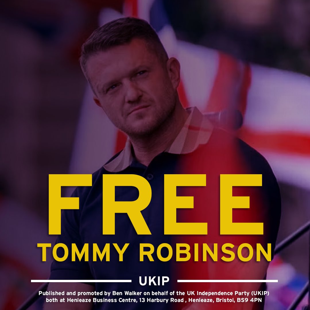 UKIP's tweet image. UKIP condemns the tyrannical treatment of journalist Tommy Robinson by the establishment, and demands his immediate release.

Free the political prisoners.