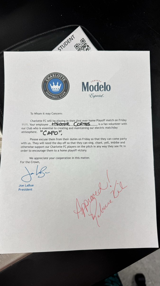 FKNTORO's tweet photo. It’s on!!!! Ready to party!!!!! Took the form to my boss and she approved!!!! LFG #ReadyToParty #PorLaCorona de @CharlotteFC 🤣 🤣 🤣 https://t.co/e06KsnxT9R