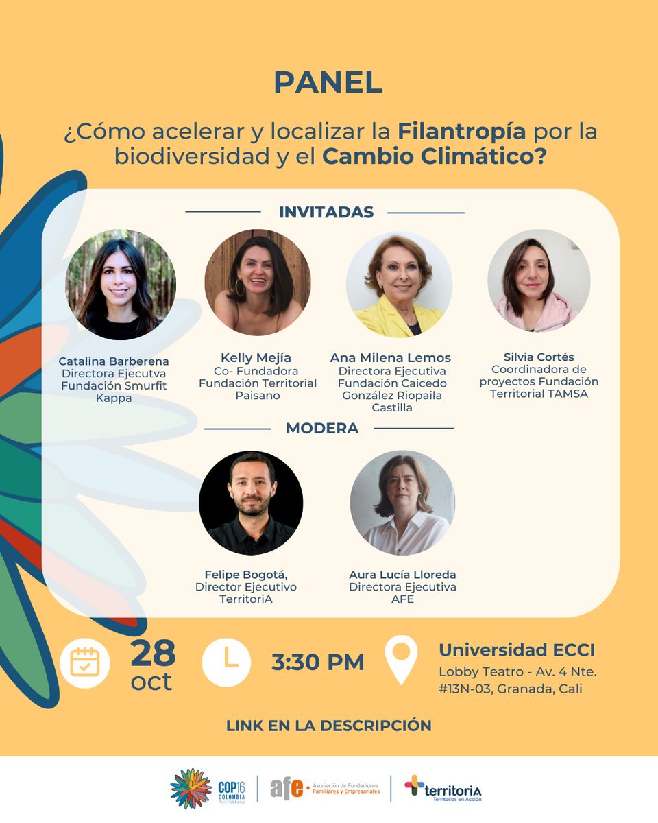 🌍 Únete al panel “¿Cómo acelerar y localizar la filantropía para la biodiversidad y el cambio climático?” el 28 de octubre en la Universidad ECCI a las 3:30 p.m.

🔗 Regístrate en proco16.com:

🎟️ ¡Cupos limitados! #COP16