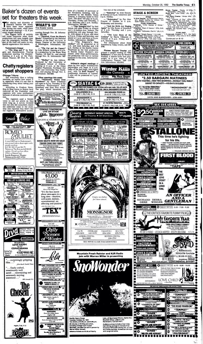 dandoody's tweet photo. #ThenShowing 25 Oct 1982, Seattle Times
Quite a few scare pictures out at the late, lamented Valley 6 Drive-In, but I'going to stay in the city for the Marx Bros' double-bill LOVE HAPPY + COPACABANA (Neptune) then head over to the Harvard Exit for DIVA. https://t.co/Z8F8YcsYew