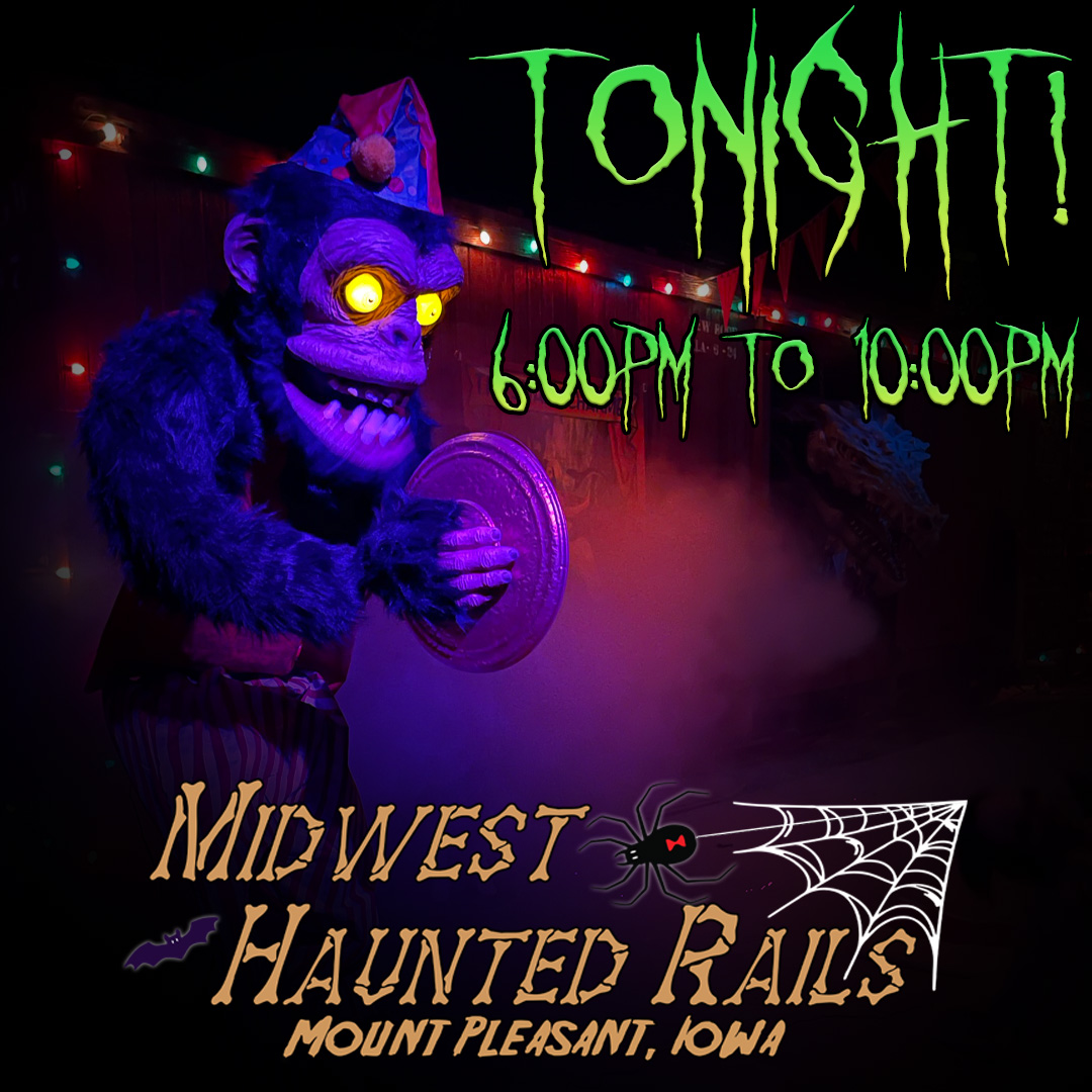 Tonight! The Haunted Circus Monkey &amp; friends await! Midwest Haunted Rails from 6:00 PM - 10:00 PM. $15 wristbands, kids 4 &amp; under FREE.
🎟️ Last wristband sold 30 min before closing!
🔗oldthreshers.org/midwest-haunte…
#HauntedRails