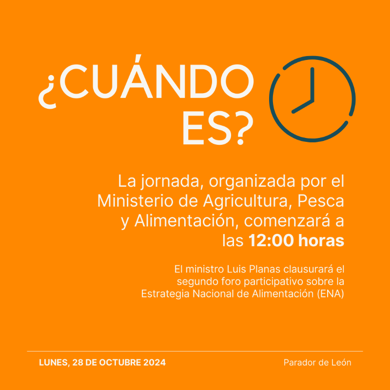 gobmapa's tweet photo. 📢 ¡Segundo foro participativo sobre la Estrategia Nacional de Alimentación (ENA)!

📆 Lunes, 28 de octubre en el Parados de León.

El encuentro acogerá dos mesas redondas en las que participarán destacados expertos de toda la cadena de valor.

¡Se podrá seguir en directo! 🔴
▼