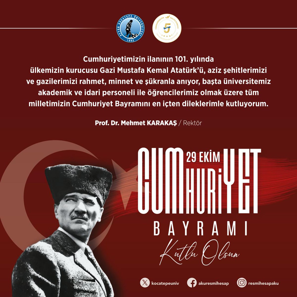 Üniversitemiz Rektörü Prof. Dr. Sayın Mehmet KARAKAŞ'ın 29 Ekim Cumhuriyet Bayramı Mesajı...⬇️
haber.aku.edu.tr/2024/10/28/rek…
<a href="/Karakas1969/">Mehmet Karakaş</a>
#AfyonKocatepeÜniversitesi