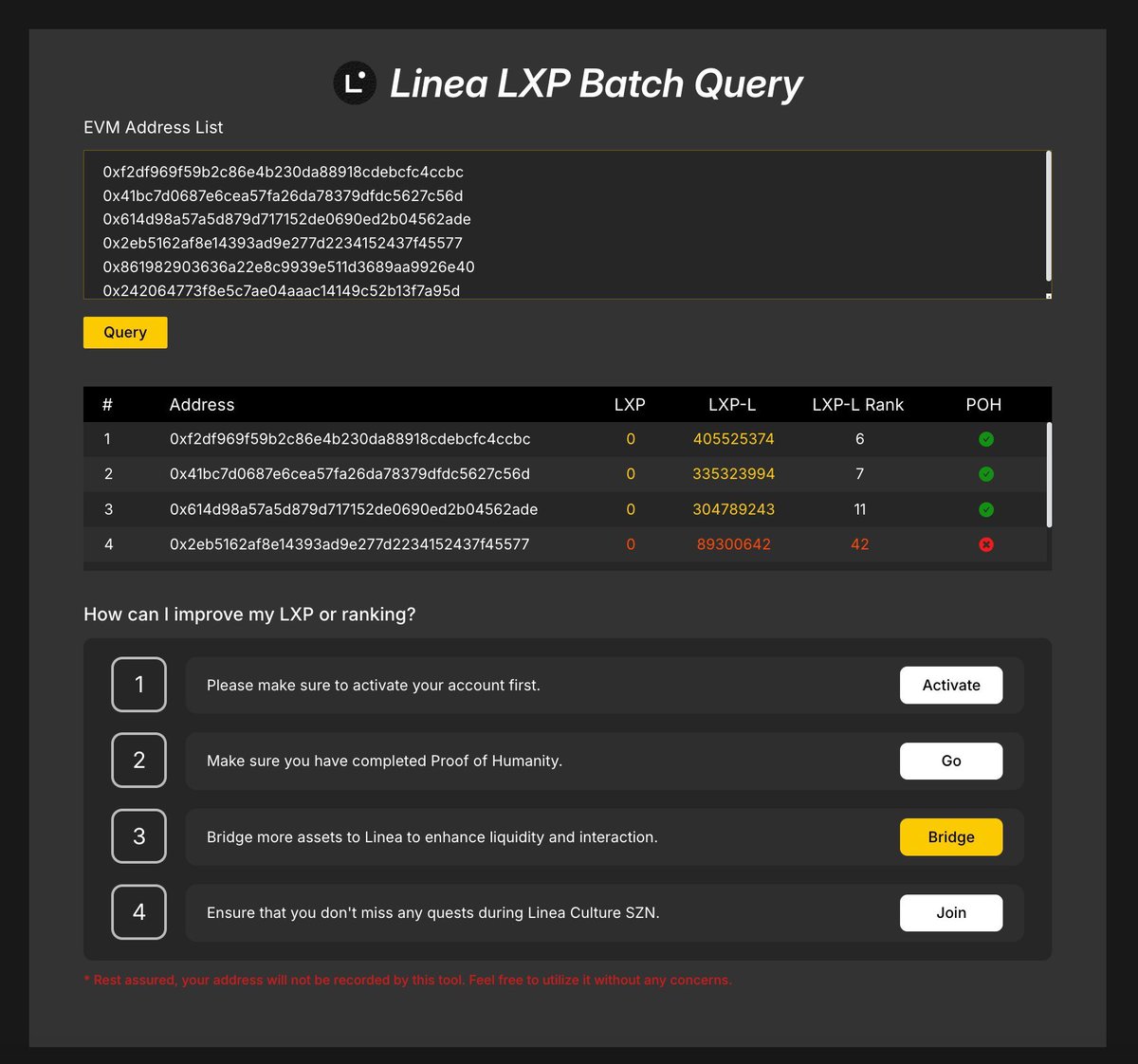 📢 All LXP-related <a href="/LineaBuild/">Linea.eth</a> campaigns will end soon!

🔍 Closely monitor your LXP for all your addresses in the final round via Owlto 
🔗 owlto.finance/tracker/lxp  

With 𝐎𝐰𝐥𝐭𝐨'𝐬 𝐋𝐢𝐧𝐞𝐚 𝐁𝐚𝐭𝐜𝐡 𝐐𝐮𝐞𝐫𝐲, check your POH status &amp; improve your Linea LXP/rank!