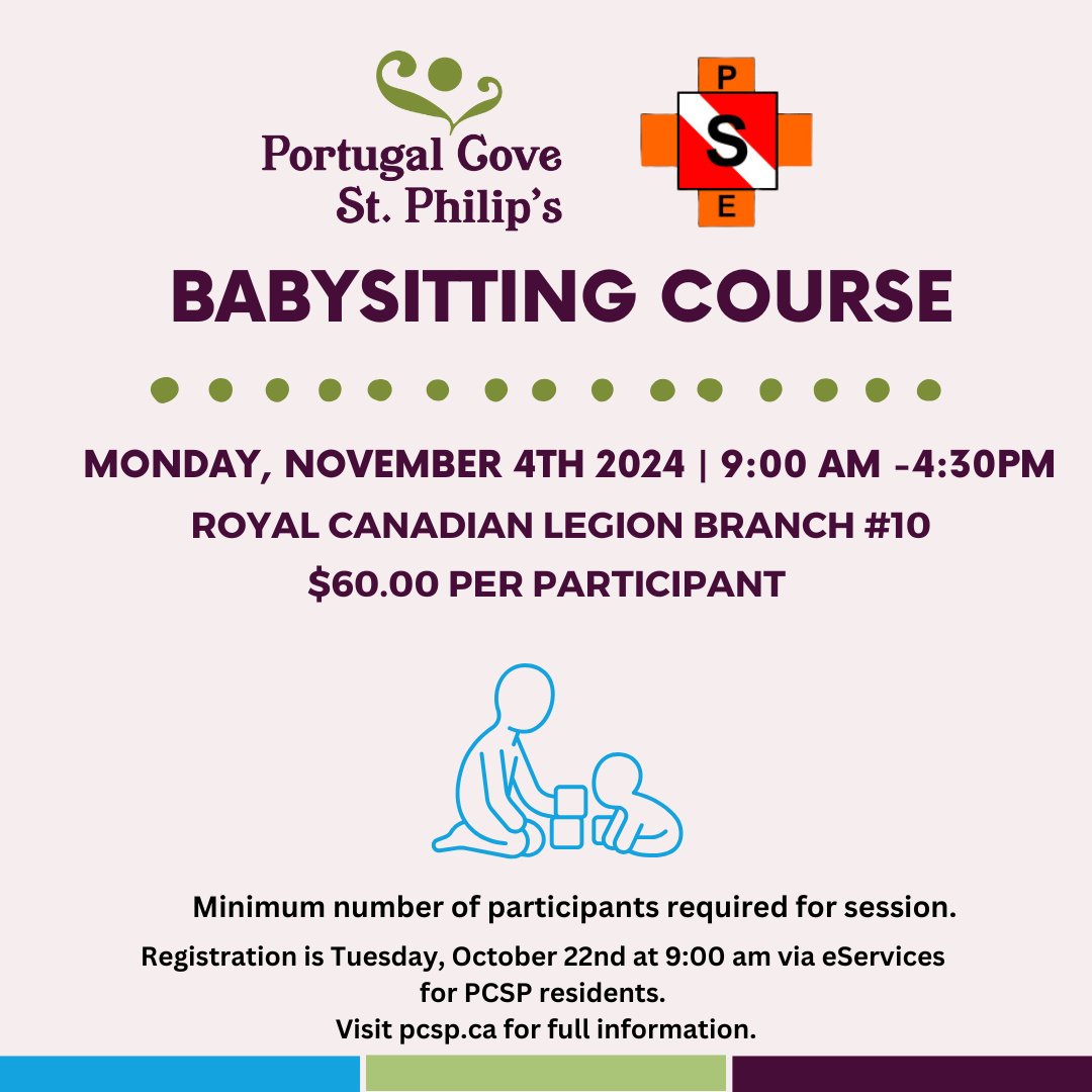 PCSP Babysitting Course!

Get certified on Nov. 4, 9 am-4:30 pm at the Royal Canadian Legion Branch #10. Open to ages 11-16. Register on eServices now! Limited spots—email stacey.hanlon@pcsp.ca with questions.

More info here ➡️ tinyurl.com/bab2xpss