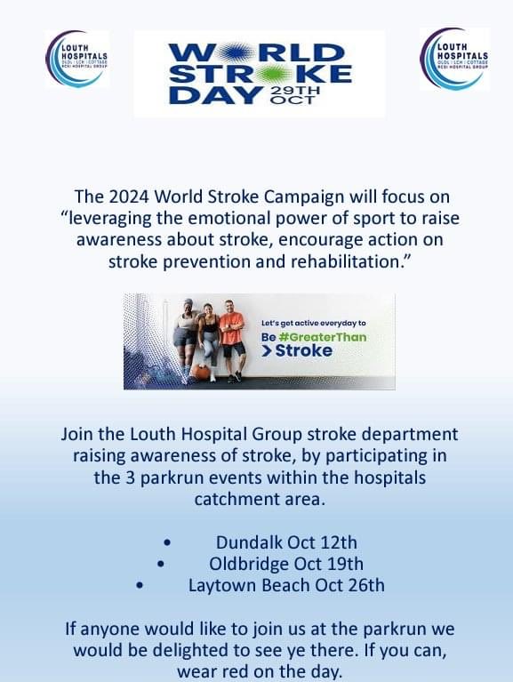 Join us at Laytown Parkrun for our last Parkrun ahead of World Stroke Day where we will be raising awareness about the signs and symptoms of stroke. Please wear red if you can attend! <a href="/WStrokeCampaign/">WorldStrokeCampaign</a> <a href="/NursingOlol/">OLOLNursing</a> <a href="/HealthPromoOLOL/">Health Promotion OLOL and Louth County Hospital</a> <a href="/PTOLOLH/">Physiotherapy Dept, Our Lady of Lourdes Hospital</a> <a href="/OTLouthHosps/">Occupational Therapy Dept Louth County Hospitals</a> <a href="/OLOLM4E/">Magnet4EuropeOLOL</a>