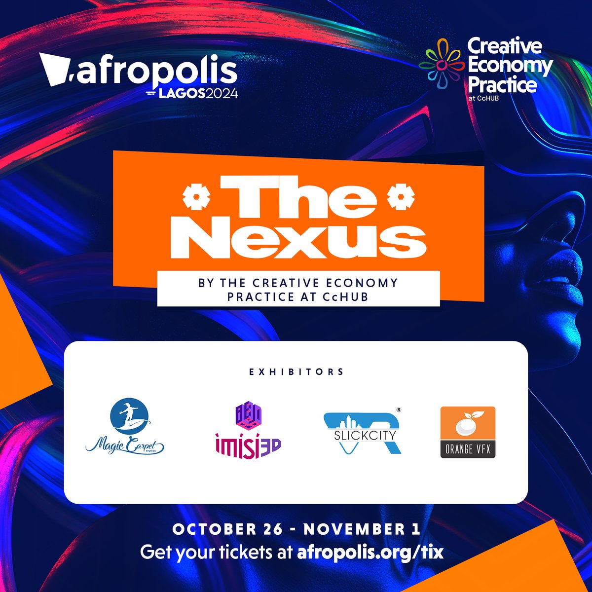 CcHUBCreative's tweet photo. #Afropolis2024 kicks off tomorrow! Join us for THE NEXUS, where art meets tech with transformative works by @slickcityceo, @imisi3d, @magiccarpetng &amp; @OrangeVFX 

Explore AI, XR, animation, and art exhibits by @dopayarts &amp; Noah, redefining African storytelling through #Innovation https://t.co/LhmHmAfDZr
