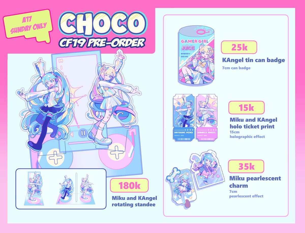 chocolatte_39's tweet photo. My CF19's pre-order is here!
i'll be at booth A17 on sunday only, please come by! ദ്ദി ( ᵔ ᗜ ᵔ )
More merch and PO link under the tweet bellow!

Fandom: Needy streamer overload, Hatsune Miku, Splatoon, Madoka Magica, Cookie run, Omori

#CF19 #comifuro19 #Comifuro19Catalogue https://t.co/9rBoRTZq0a