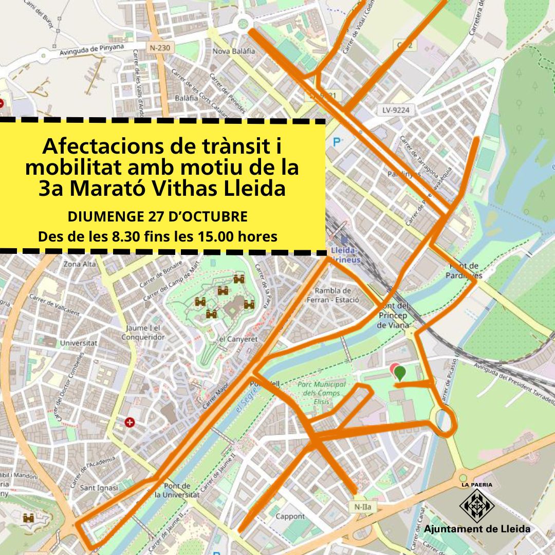 paerialleida's tweet photo. 🔊Atenció❗️ Afectacions al trànsit amb motiu de la celebració de la Marató de Lleida
📆27 d’octubre a partir de les 8.30 hores
➡️Cursa de 42 km que transcorrerà per vies urbanes de Lleida i vies interurbanes
Informa-te’n! 👉https://t.co/73iuCUi7cD https://t.co/z09e77VQZL