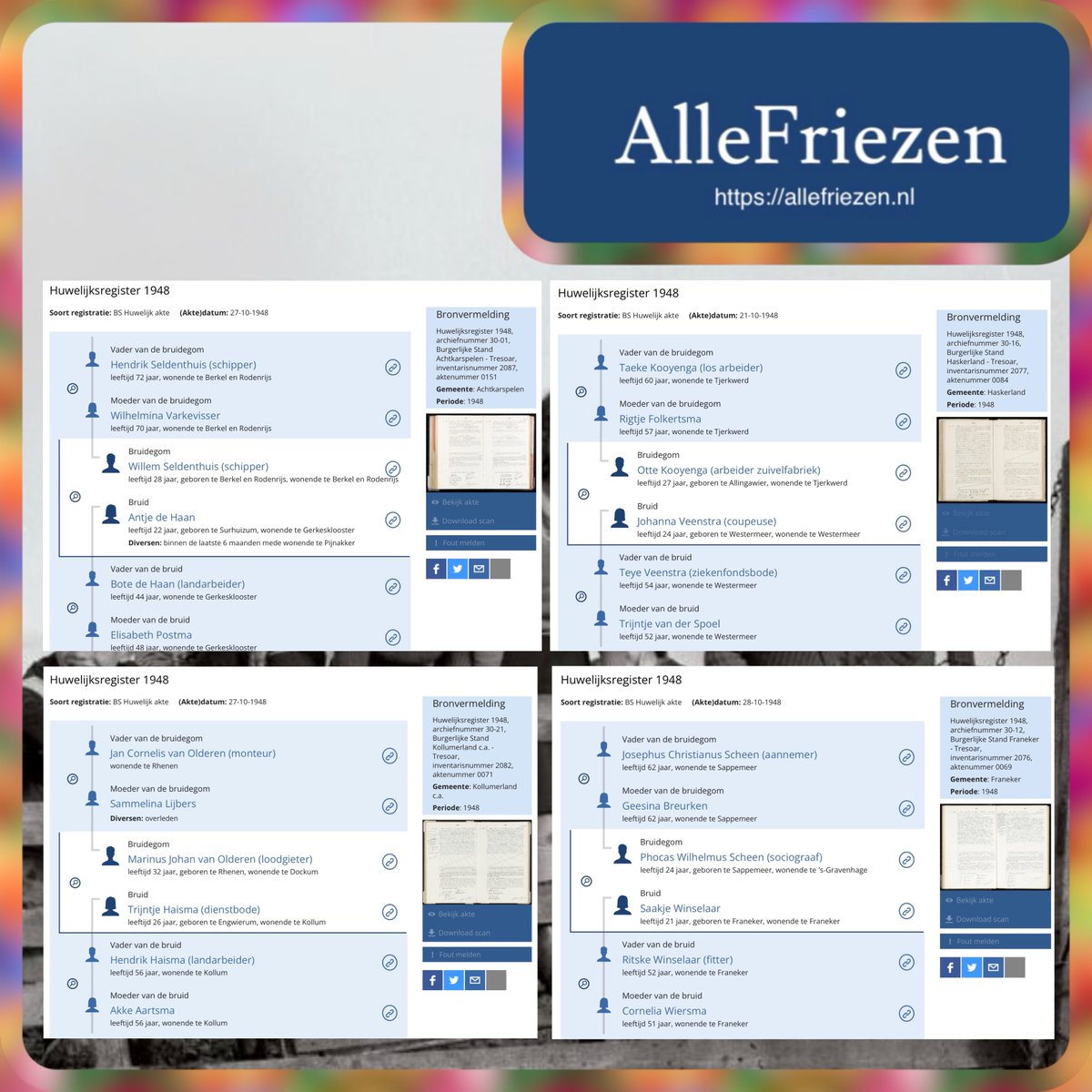 Op 27 oktober 1948 trouwden in de gemeente Achtkarspelen Willem Seldenthuis en Antje de Haan. Deze week toegevoegd de huwelijken 1948 van Achtkarspelen, Barradeel, Het Bildt, Ferwerderadeel, Franeker, Haskerland, Kollumerland en Sneek.
#stamboomonderzoek #genealogie