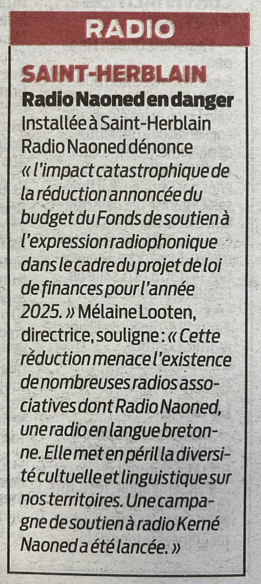 #SaintHerblain / #SantErvlan 
"Radio Naoned en danger"

[Presse Océan — 21/10/24]
•
#BZHG #BroNaoned #Brezhoneg #LoireAtlantique #Radio #Breton #Nantes #LangueBretonne #Naoned