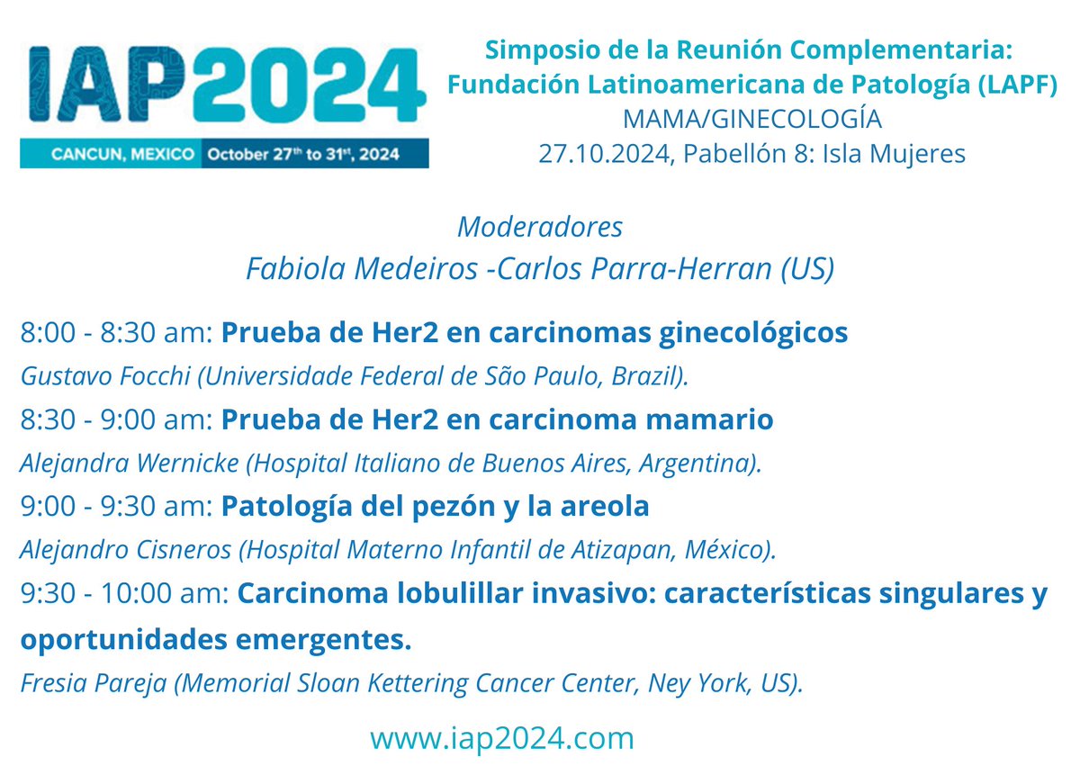LAPF Patología (@latinamericanpf) on Twitter photo 📢#LAPF presente en IAP 2024, Cancún🇲🇽
📌Te esperamos en nuestro Simposio sobre MAMA/GINECOLOGÍA
🗓️27.10.2024, 8-10 AM. Pabellón 8: Isla Mujeres
<a href="/CPHpath/">Carlos Parra-Herran MD</a> <a href="/DrMedeirosPath/">Fabiola Medeiros, MD</a> <a href="/Allende_DS/">Daniela Allende, MD MBA</a> <a href="/Andres_Matoso/">Andres Matoso</a> <a href="/Andres_M_Acosta/">Andres Martin Acosta (Andy)</a> <a href="/MarcosLepeMD/">Marcos Lepe, MD</a> 📢#LAPF presente en IAP 2024, Cancún🇲🇽
📌Te esperamos en nuestro Simposio sobre MAMA/GINECOLOGÍA
🗓️27.10.2024, 8-10 AM. Pabellón 8: Isla Mujeres
<a href="/CPHpath/">Carlos Parra-Herran MD</a> <a href="/DrMedeirosPath/">Fabiola Medeiros, MD</a> <a href="/Allende_DS/">Daniela Allende, MD MBA</a> <a href="/Andres_Matoso/">Andres Matoso</a> <a href="/Andres_M_Acosta/">Andres Martin Acosta (Andy)</a> <a href="/MarcosLepeMD/">Marcos Lepe, MD</a>