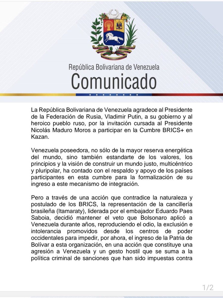 planwac's tweet photo. Venezuela rechaza y denuncia el veto bolsonarista  de la Cancillería de Brasil que impidió - por ahora- el ingreso de Venezuela a los BRICS como miembro pleno.

El veto a Venezuela es un acto contra natura en las relaciones internacionales que desdice del respeto y la amistad sostenida entre ambas naciones desde el Comandante Hugo Chávez, dando continuidad a la agresión contra nuestro país iniciada por Jair Bolsonaro, como extensión de la agresion imperial contra Venezuela. Significa también un acto que busca frenar el fortalecimiento de los BRICS,  contradiciendo los valores de esta organización y favoreciendo a los enemigos del mundo pluripolar.

Por ahora, los objetivos planteados no han sido alcanzados, pero vendrán nuevas situaciones y Venezuela - más temprano que tarde será miembro pleno de los BRICS.
