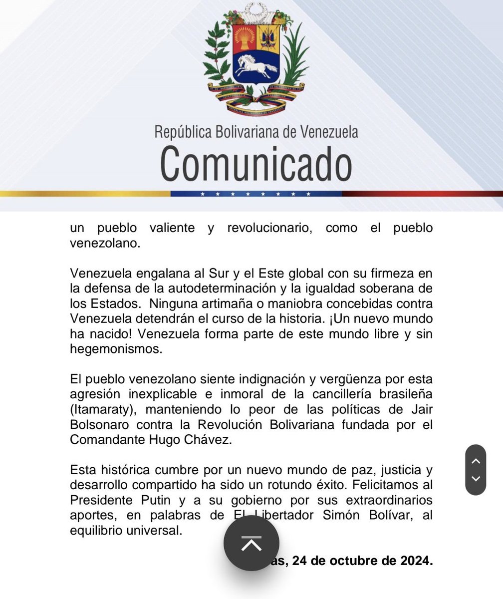 Venezuela rechaza y denuncia el veto bolsonarista  de la Cancillería de Brasil que impidió - por ahora- el ingreso de Venezuela a los BRICS como miembro pleno.

El veto a Venezuela es un acto contra natura en las relaciones internacionales que desdice del respeto y la amistad
