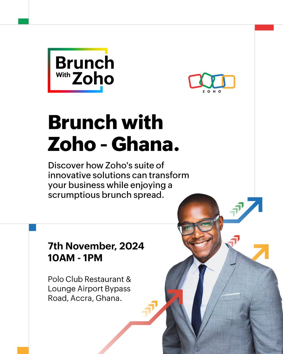 ZohoAfrica's tweet photo. We're thrilled to announce our very first Brunch with Zoho, happening in Accra, Ghana! 🇬🇭

If you’re a business owner or industry leader, you’re invited to join us for an inspiring morning of networking, engaging discussions, and an introduction to our innovative solutions.

Event Details
📅 Thursday, November 7, 2024
📍 Polo Club Restaurant & Lounge, Airport Bypass Road, Accra

Register now: https://t.co/yCRlKg3A5N

#BrunchWithZoho #BusinessGrowth #DoMoreWithZoho
