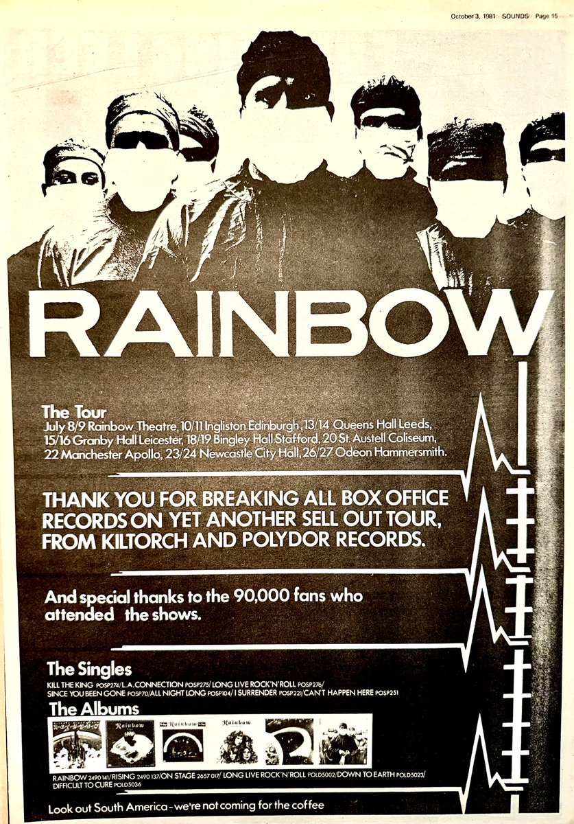 ZoundsAbound's tweet image. More big ads this week for #Rainbow to thank their fans for their sell out tour, for ‘Dangerous Aquaintances’, the new LP by @Faithfull_M, for ‘Abacab’, the new LP by @genesis_band &amp;amp; for ‘Repeat Repeat’, the new LP from #PeterBaumann

Sounds October 3rd 1981