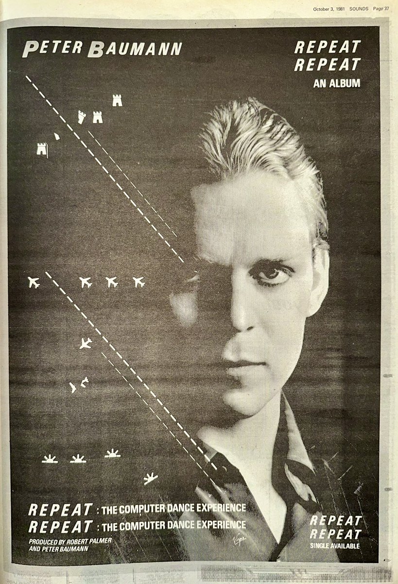 ZoundsAbound's tweet image. More big ads this week for #Rainbow to thank their fans for their sell out tour, for ‘Dangerous Aquaintances’, the new LP by @Faithfull_M, for ‘Abacab’, the new LP by @genesis_band &amp;amp; for ‘Repeat Repeat’, the new LP from #PeterBaumann

Sounds October 3rd 1981