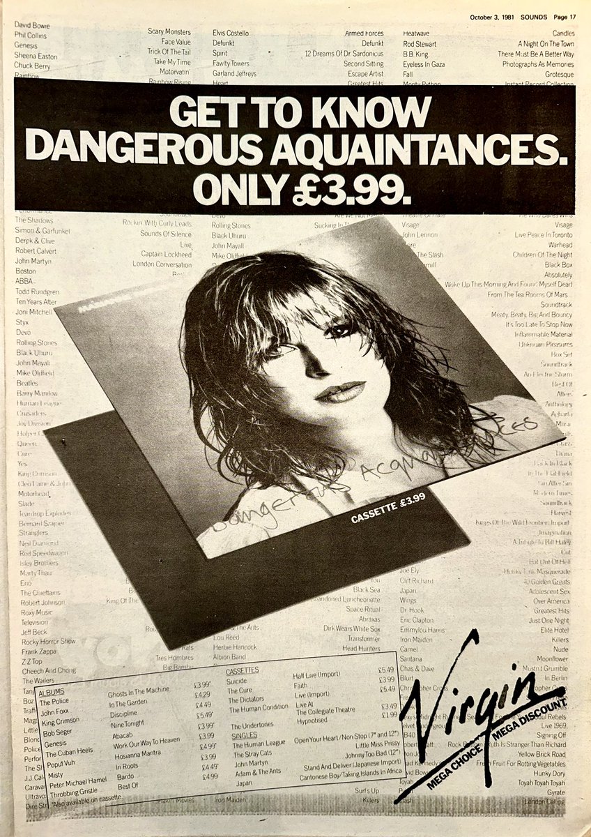 ZoundsAbound's tweet image. More big ads this week for #Rainbow to thank their fans for their sell out tour, for ‘Dangerous Aquaintances’, the new LP by @Faithfull_M, for ‘Abacab’, the new LP by @genesis_band &amp;amp; for ‘Repeat Repeat’, the new LP from #PeterBaumann

Sounds October 3rd 1981