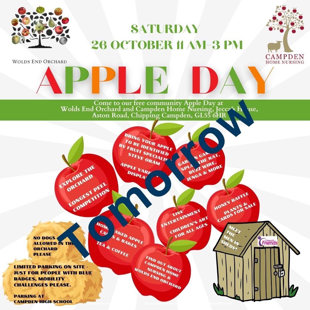 Apple Day is TOMORROW🍏 Free entry
📍 Jecca’s House &amp; Wolds End Orchard, Chipping Campden
🕚 11 am - 3 pm
🍎 Tombola, raffle, cards, plants
🍎 Tasty bakes, cider &amp; refreshments
🍎 Kids’ art, garden games
🍎 Meet Men in Sheds

Celebrate autumn &amp; learn about our charity’s mission!