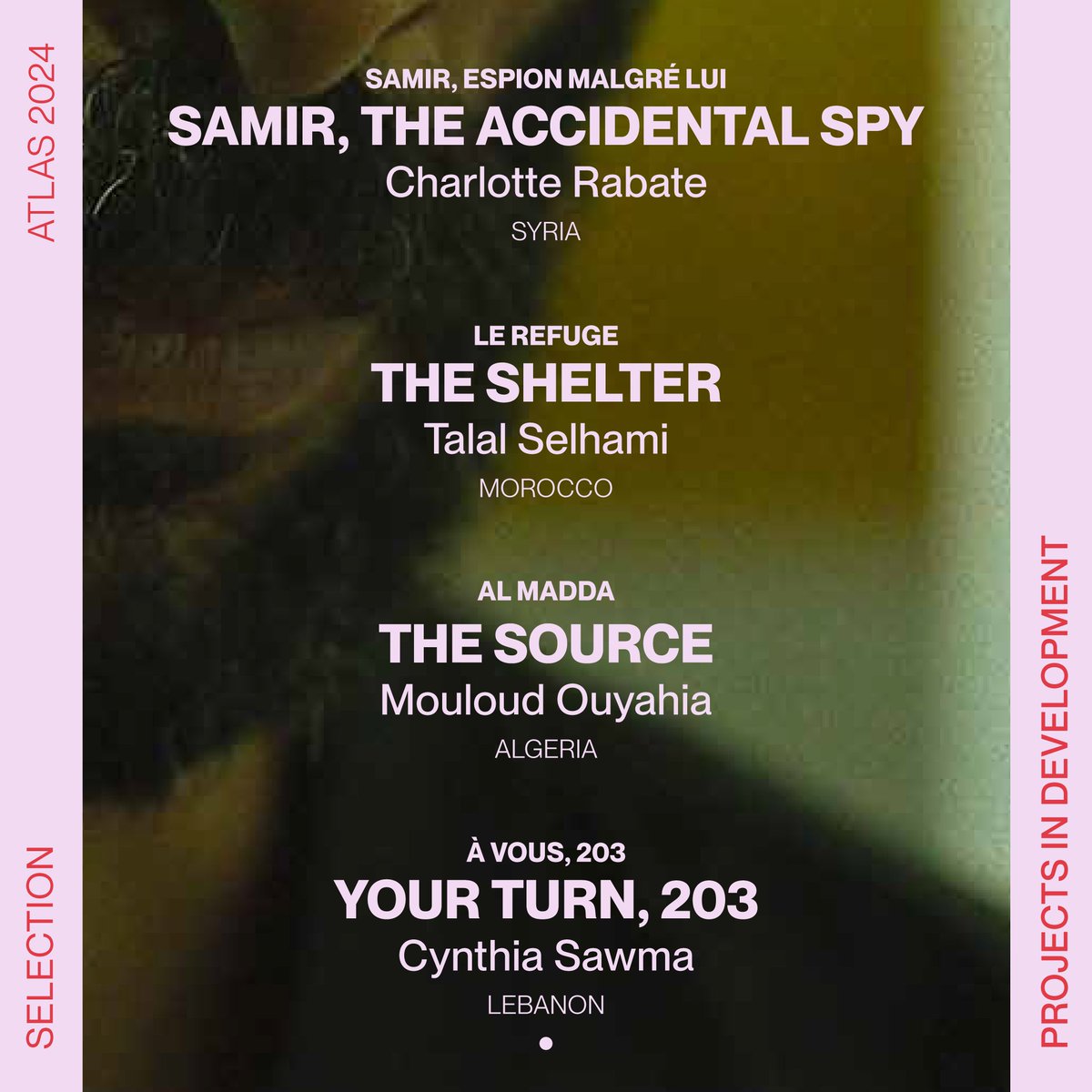 اختيار متنوع ثقافيا
تم اختيار 17 مشروعًا في مرحلة التطوير و 10 أفلام في مرحلة التصوير أو مرحلة ما بعد الإنتاج للمشاركة في #ورشات_الأطلس 2024، تنتمي إلى 13 دولة، من بين 320 طلب للمشاركة  تم التوصل بها من القارة الإفريقية والعالم العربي.

جزء 1
للمزيد: bit.ly/3NCSol9