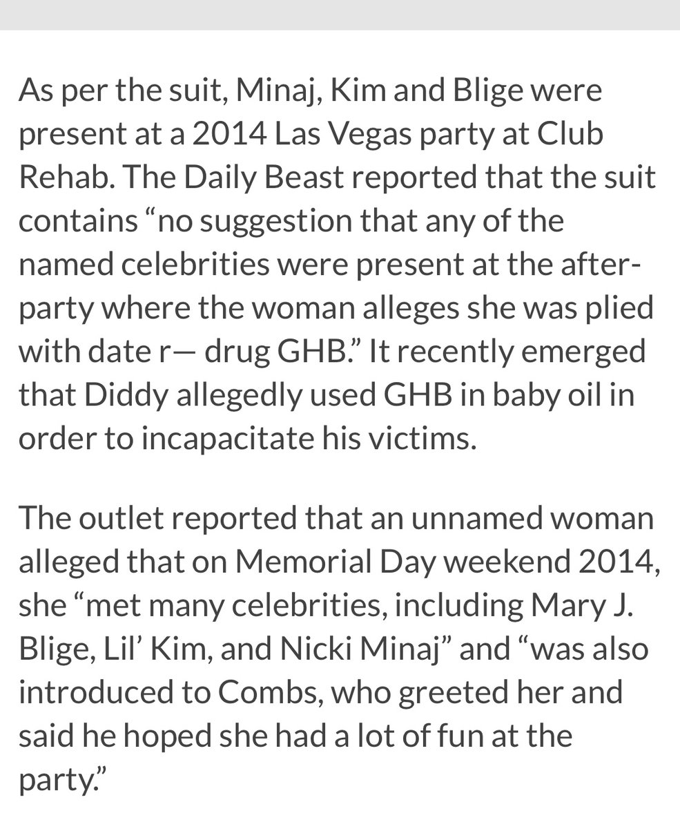 ThePopFlop's tweet photo. Despite being named in Sean ‘Diddy’ Combs new lawsuit, Nicki Minaj did NOT attend his after party. 

It also important to note Nicki fired Diddy in less than a year when he worked as her manager.

-Harsh lies, rumors, or suggestions that Nicki participated will result in Mrs. Minaj taking legal action just as Beyonce did.