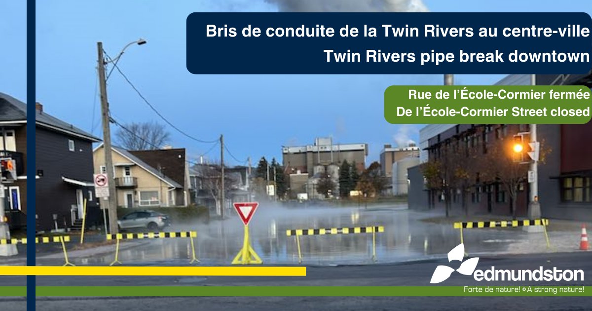 Un bris de conduite de la compagnie Twin Rivers, survenue en début de matinée, fait en sorte que la rue de l’École-Cormier au centre-ville d'#Edmundston sera fermée temporairement pour permettre les réparations. bit.ly/4fd88b3