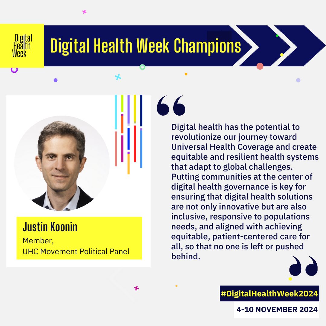 ✨ Introducing #DigitalHealthWeek2024 Champions! 

➡ <a href="/JustinKoonin/">Dr Justin Koonin</a>, Member, <a href="/UHC2030/">UHC2030</a> Movement Political Panel

Learn more about the global week of action; get involved and help champion the #digitalhealth agenda to advance #UHC progress. 

🔗 buff.ly/3COaZTy