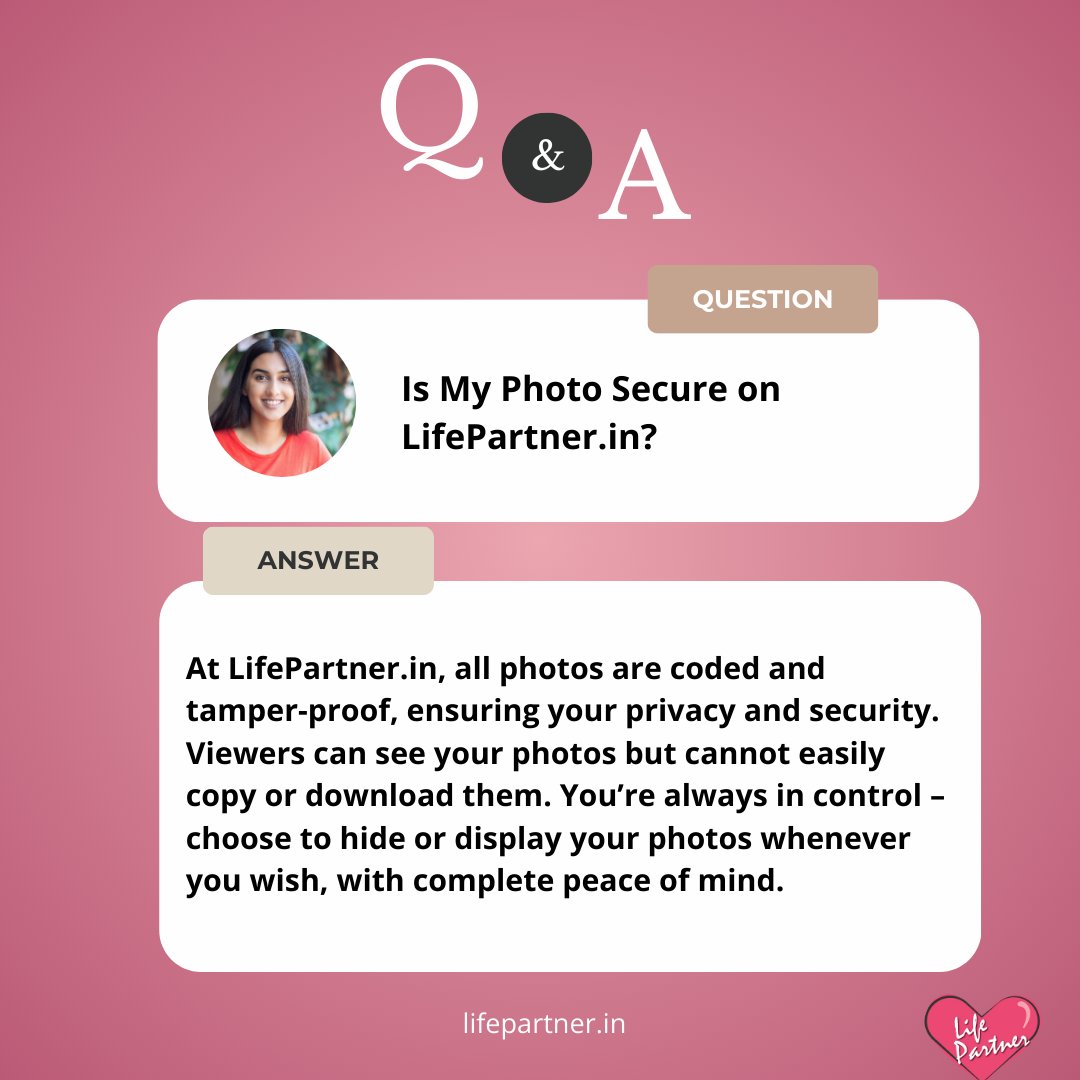 lifepartnerin's tweet image. Securing your moments, protecting your journey. ✨

At LifePartner.in, your privacy is our priority.

#SecureLove #TamperProof #MatrimonyMatters #FindYourPartner #PrivacyFirst #LoveProtected #MarriageGoals