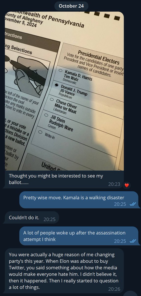 Message from my die hard Democrat friend. He voted Biden in 2020. I'm actually surprised he's voted Trump in 2024 because he always seemed to hate him, but it just goes to show, people are waking up and they're waking up hard. Kamala Harris is a walking disaster area.