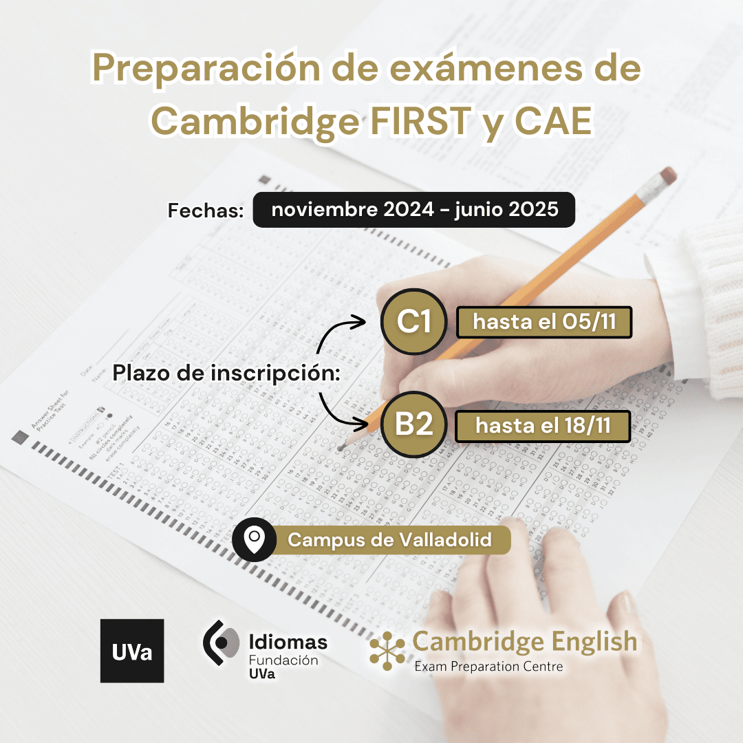 idiomasuva's tweet image. ¿Solo tienes un día por semana para preparar el First o el CAE? 👉 Te interesan nuestros próximos cursos de 3h. semanales en el Campus de #Valladolid.
➡ CAE: lunes de 15 a 18 horas
➡ First: viernes de 15 a 18 horas
Matricúlate online en fundacion.uva.es/idiomas/matric…. #IdiomasUVa