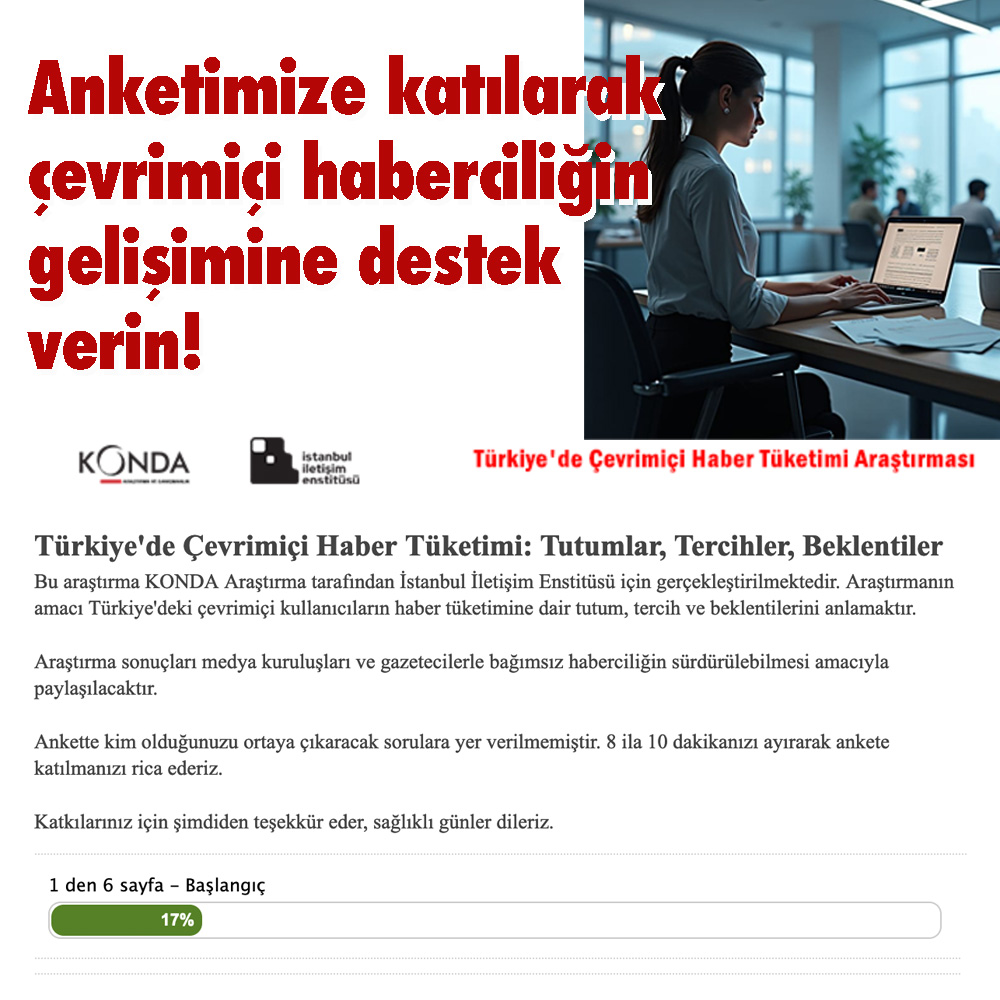 Haber almak için hangi mecraları, neden kullanıyorsunuz, haber kaynaklarından neler bekliyorsunuz... Çevrimiçi haber tüketim alışkanlıklarını ve beklentileri belirlemeye çalıştığımız araştırmamız için lütfen siz de anketimize cevap verin >> survey.konda.com.tr/view.php?id=12… 
Araştırmanın