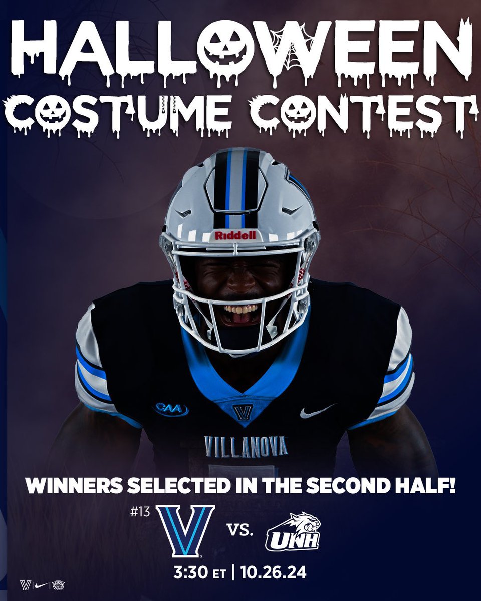 👻 Celebrating Halloween early with a Costume Contest this Saturday at No. 13 <a href="/NovaFootball/">Villanova Football</a> vs. UNH!! 🎃 ✌️🏈

Winners will receive an autographed <a href="/coachferranteVU/">Mark Ferrante</a> football! 

Tickets: bit.ly/3NlDNuz
Youth: $10
Groups: 20+ $5

#NovaNation #GoNova