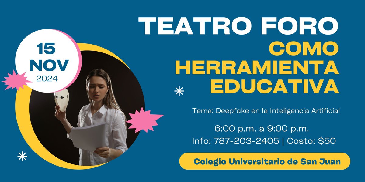 🎭 Únete al taller de Teatro Foro como herramienta educativa y reflexiona sobre el "Deepfake" en IA.
📍 Salón Multiusos, Colegio Univ. de San Juan
👩‍🏫 Prof. Johana Martínez, Psicologa
📅 Info y registro: bit.ly/teatroforo1
#TeatroForo #Educación