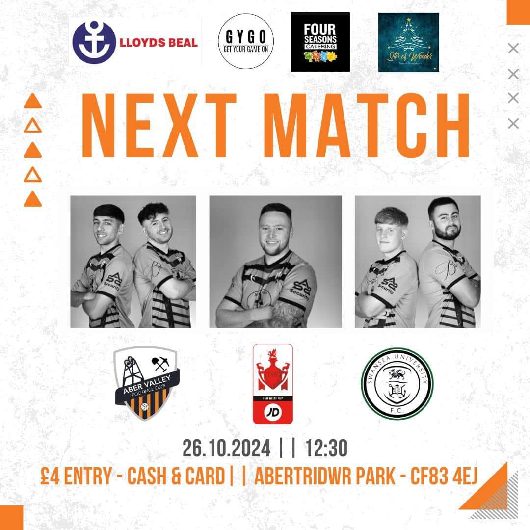 🏴󠁧󠁢󠁷󠁬󠁳󠁿JD WELSH CUP🏴󠁧󠁢󠁷󠁬󠁳󠁿

SATURDRDAY 26th October

Aber Valley FC vs Swansea University 

🕧 12:30 KO

📍Abertridwr Park

£4 entry, U16’s Free🎟️

The Hut will be open, serving refreshments 🥤 🌭 

#JDWelshCup #underdogs #EastVsWest #cota