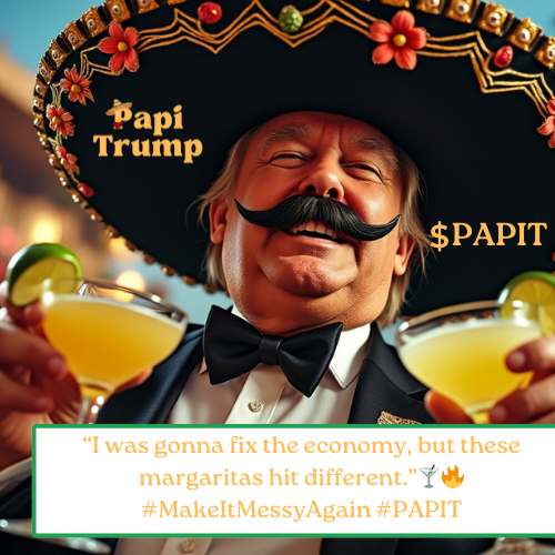 papitrump2024's tweet photo. โI was gonna fix the economy, but these margaritas hit different." ๐ธ๐ฅ #MakeItMessyAgain #PAPIT @realDonaldTrump https://t.co/l2tYCogoCV