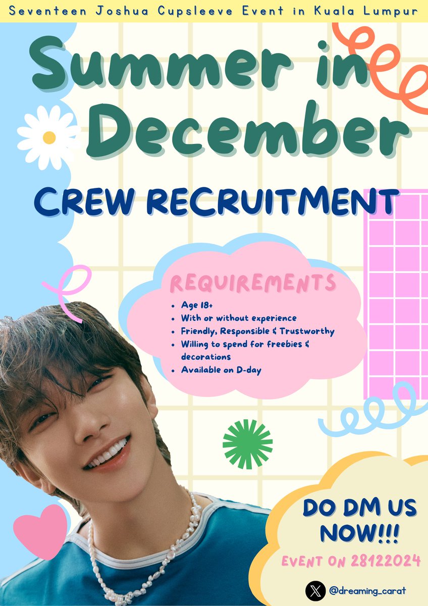 dreaming_carat's tweet photo. ꣑ৎ˙⋆𝓢𝓾𝓶𝓶𝓮𝓻 𝓘𝓷 𝓓𝓮𝓬𝓮𝓶𝓫𝓮𝓻 ۫꣑ৎ˙⋆

Caratdeul, we're looking for crew 👯‍♀️
Come and be part of our team 🎀

You can find all the details in poster below ◠‿◠

#SummerInDecember 
#pasarseventeen #pasarsvt #pasarsvtmy https://t.co/FqeGXkRgkh