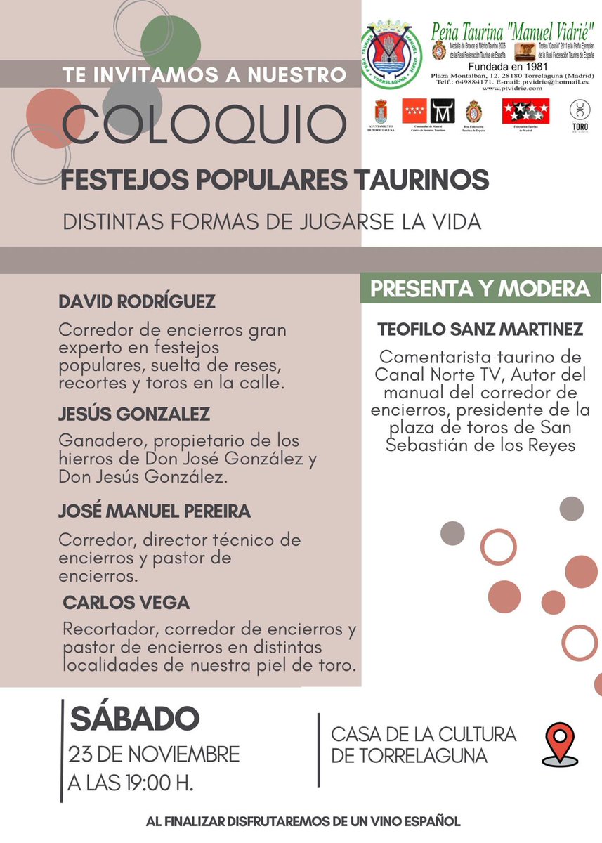 Interesante coloquio el 23 de noviembre sobre las Fiestas Populares Taurinas.