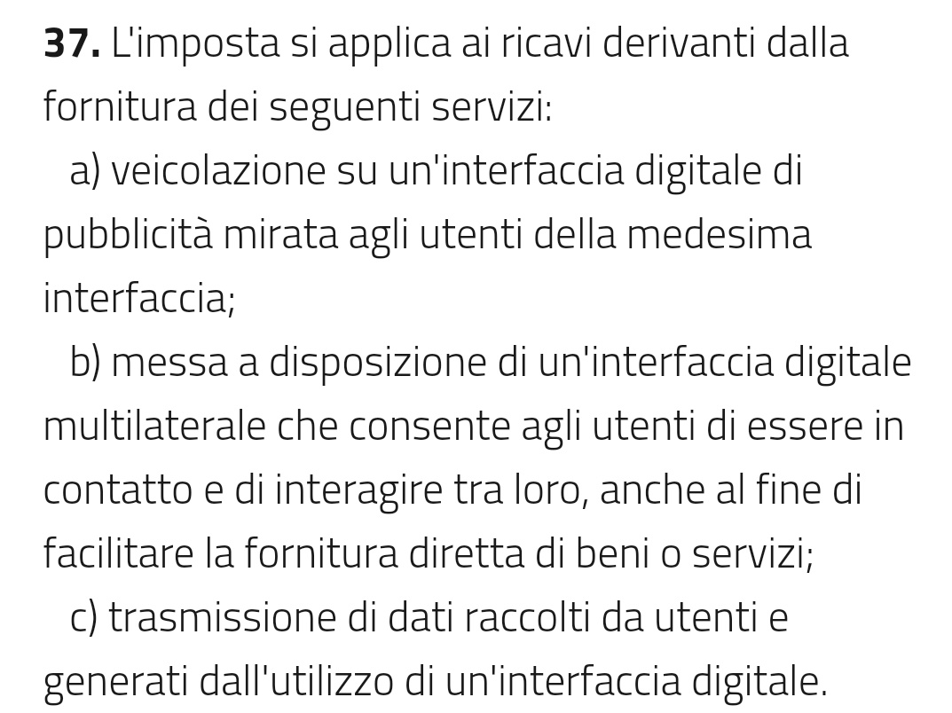 inaitana's tweet photo. @filipporiccio1 @Monitorapa @PastorellaGiu @piadimariuccia Favorisco il comma 37. Probabilmente l'intento è quello di escludere le piccole attività, ma per come è scritta la lettera c) ci rientrerebbe di tutto.
Anch'io, sviluppatore freelance, in teoria avrei "ricavi derivanti dalla fornitura di un servizio di trasmissione di dati"... https://t.co/ti5ruU9vlZ