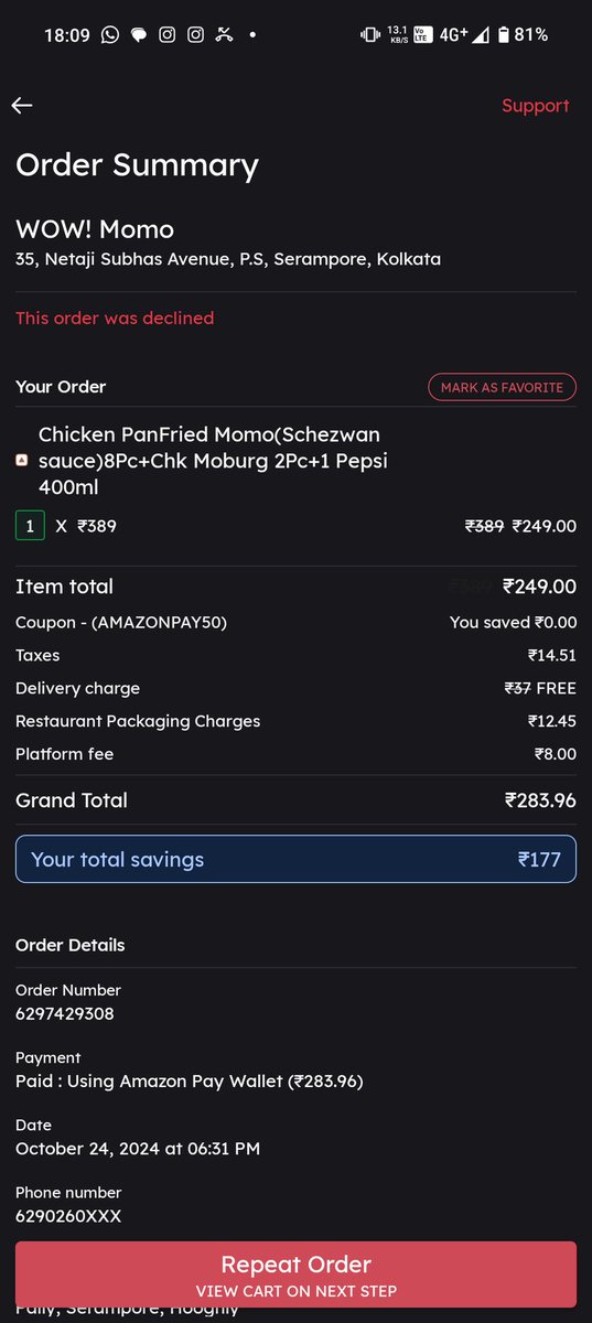 Techingworld1's tweet photo. Yesterday I ordered from wow momo but I canceled my order but I didn't receive any refund so please I want to refund my money ASAP  @zomato @zomatocare https://t.co/UwNMO5ROlc