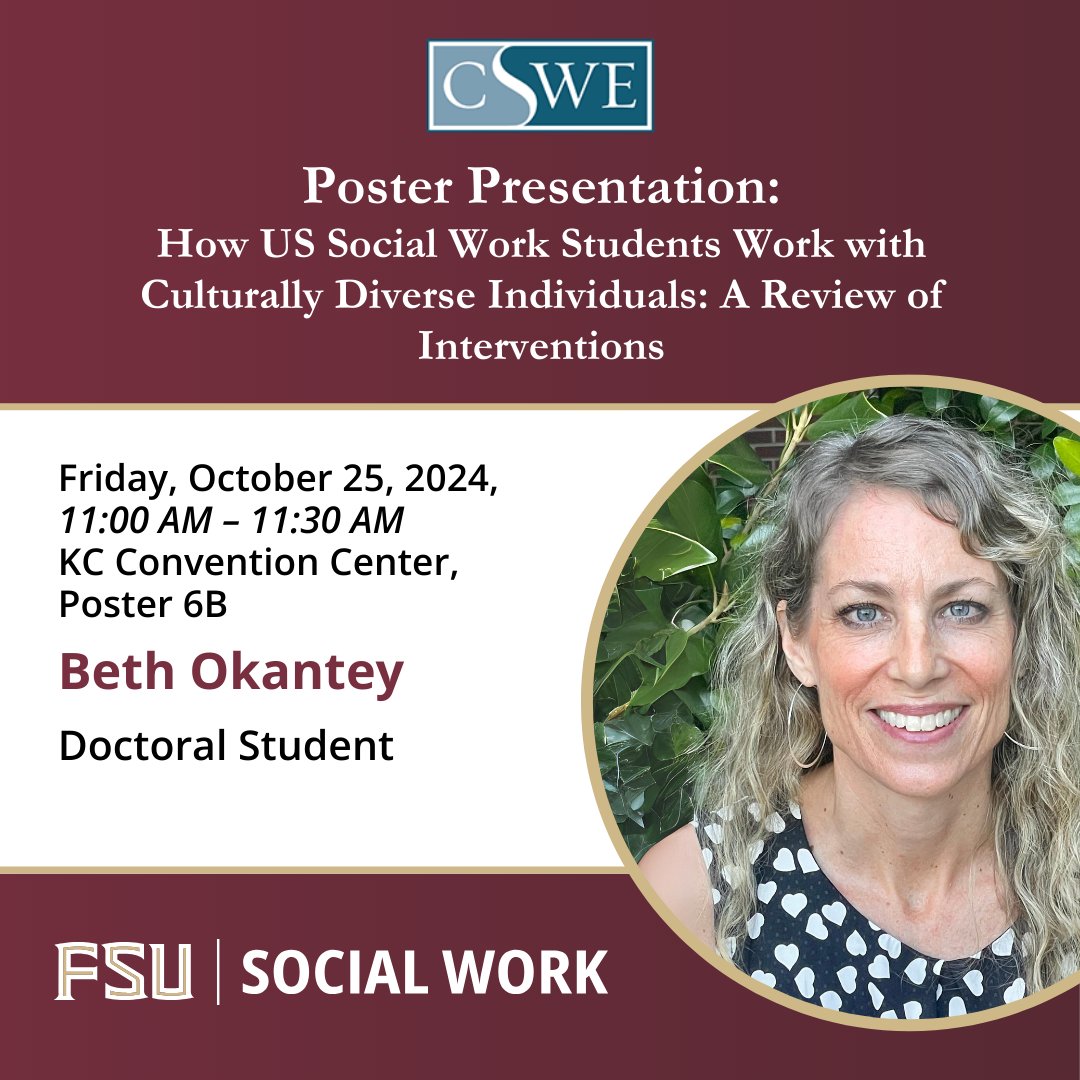 FSU_SocialWork's tweet image. Doctoral student Beth Okantey will present two posters at @CSocialWorkEd&apos;s Annual Planning Meeting. The first is a review of US social work students working with culturally diverse individuals, &amp;amp; the second explores social work education during COVID-19. #cswe2024 #FSUCSWresearch