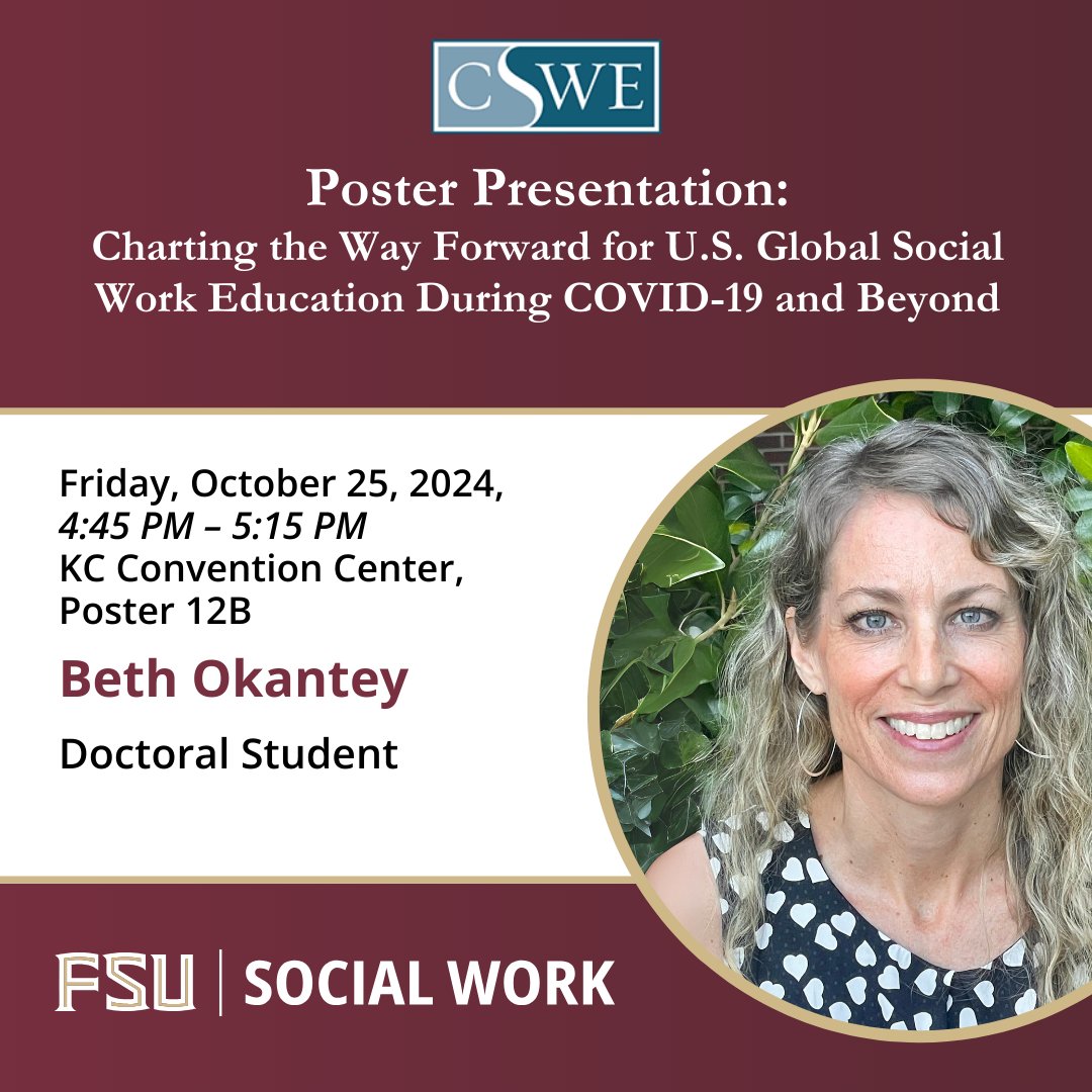 FSU_SocialWork's tweet image. Doctoral student Beth Okantey will present two posters at @CSocialWorkEd&apos;s Annual Planning Meeting. The first is a review of US social work students working with culturally diverse individuals, &amp;amp; the second explores social work education during COVID-19. #cswe2024 #FSUCSWresearch