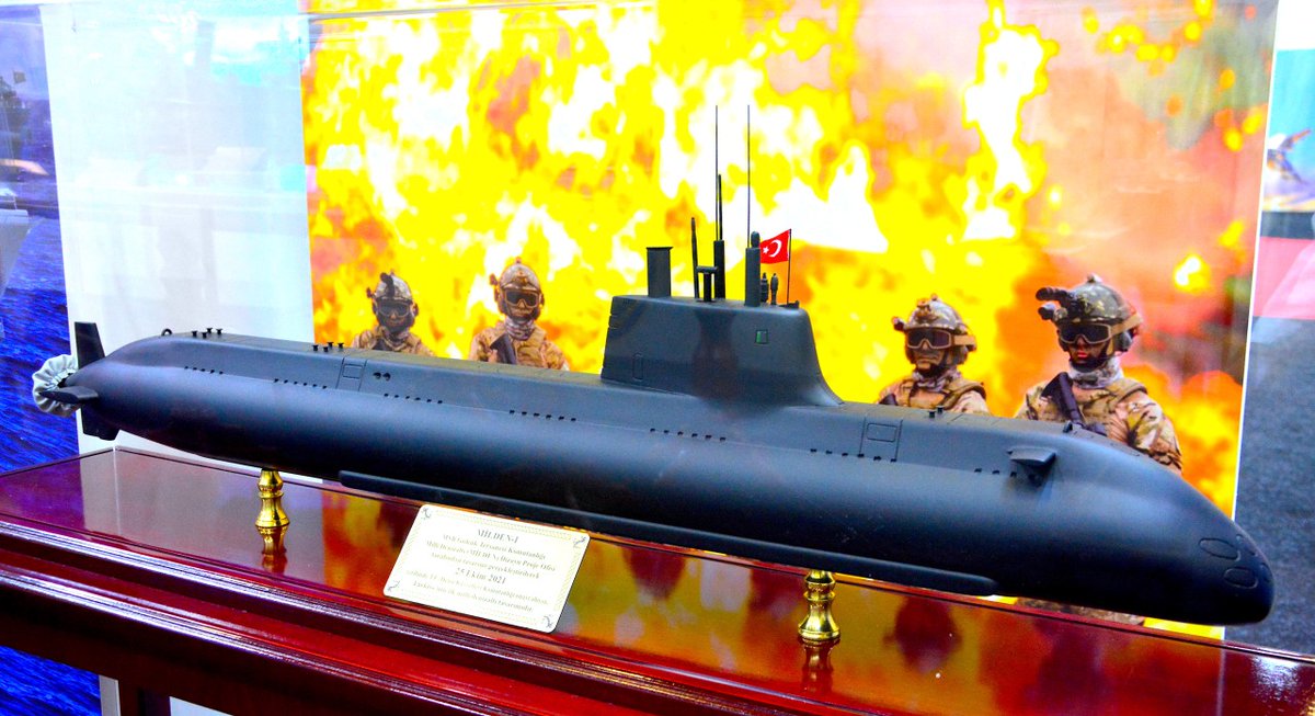 TurkishCentury's tweet photo. ⚓️ Türkiye's indigenous #MILDEN submarines were showcased at the #SahaExpo with an emphasis on their 16-cell MIDLAS-D VLS designed to mount a mix of #Gezgin SLCMs, #ATMACA AShMs & #Hisar SAMs. Construction of the 1st Milden is to begin in 2025. 🇹🇷 https://t.co/6qH0Qrm9Gl