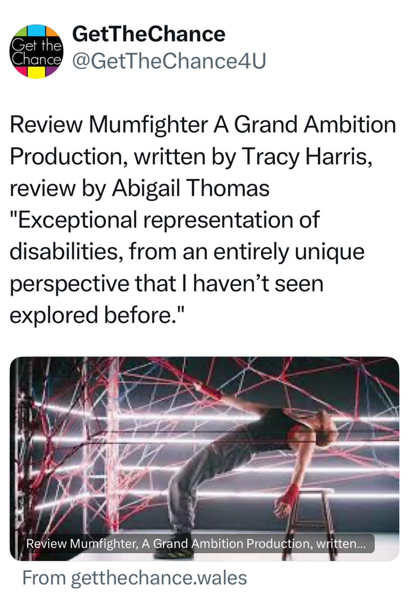 Grand Ambition (@grandambition__) on Twitter photo "breathtaking both emotionally and physically"
Another great review for #MumFighter from <a href="/GetTheChance4U/">GetTheChance</a>. Catch the final performance tonight at 7:45pm!
getthechance.wales/2024/10/25/rev… "breathtaking both emotionally and physically"
Another great review for #MumFighter from <a href="/GetTheChance4U/">GetTheChance</a>. Catch the final performance tonight at 7:45pm!
getthechance.wales/2024/10/25/rev…