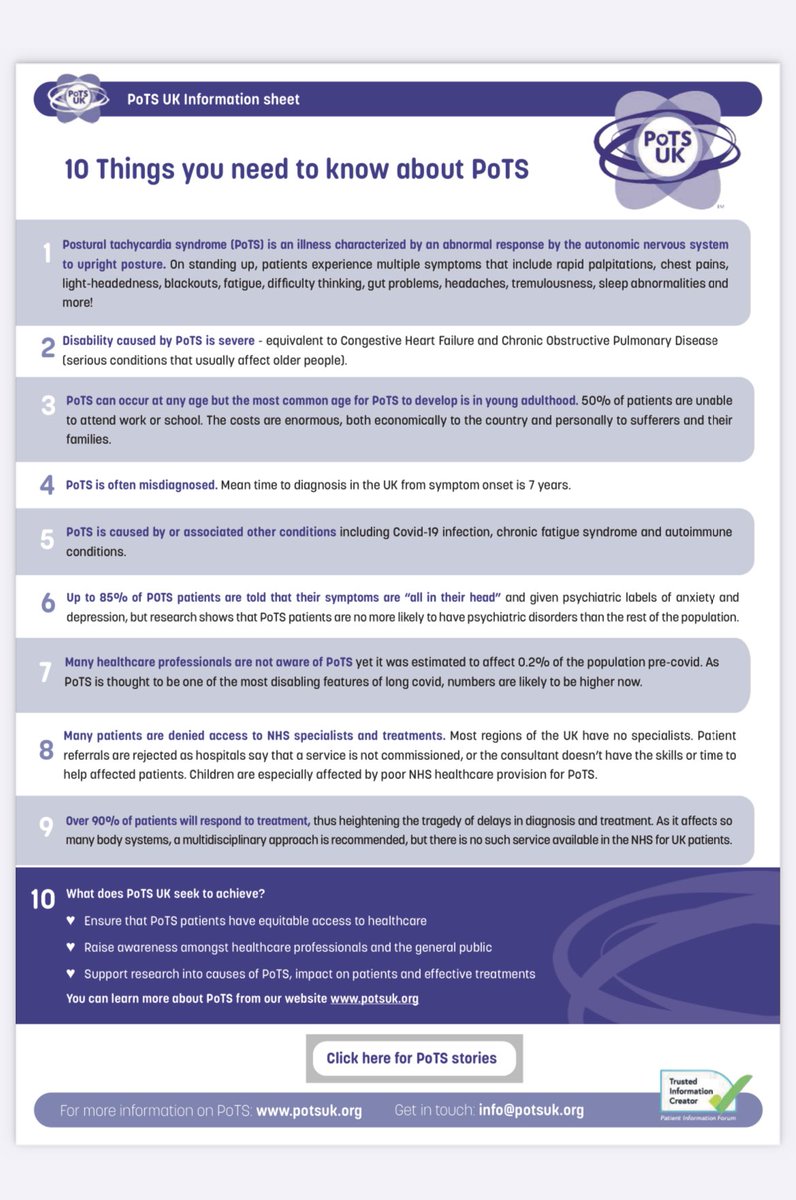 Today is 🌟#PoTSAwarenessDay🌟

Please share our ‘10 facts about #PoTS’

Thank you to everyone joining us today in helping to raise awareness 💜

Please find the PDF here: potsuk.org/wp-content/upl…

#MedTwitter #NurseTwitter #TeamGP #MedEd #MECFS #LongCovid <a href="/LongCovidAdvoc/">Long Covid Advocacy 💙</a>