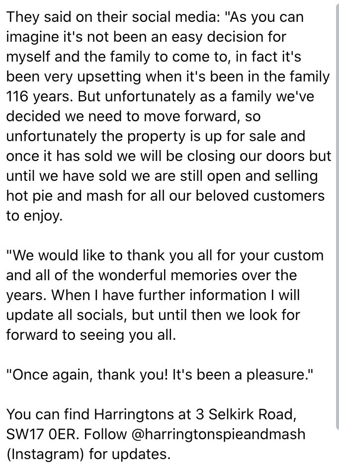 We're sad to share the news that Harringtons Eel And Pie House at 3 Selkirk Road will soon be permanently closing, after 116 years of trading in #Tooting.