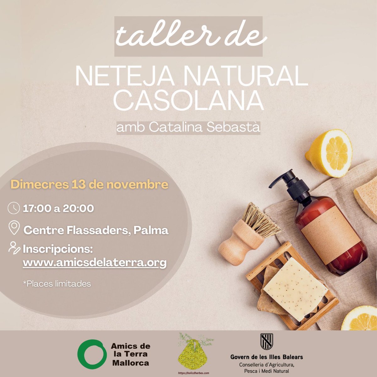 🌿🧼 El 13 de novembre t'esperem al Centre Flassaders per al Taller de Neteja Natural Casolana! Aprendrem a crear productes de neteja sense tòxics i respectuosos amb el medi ambient amb l'experta <a href="/BolicdHerbes/">Bolic d'Herbes</a> . 
📅 Dimecres 13/11
⏰ 17:00-20:00
⚠️ Places limitades!