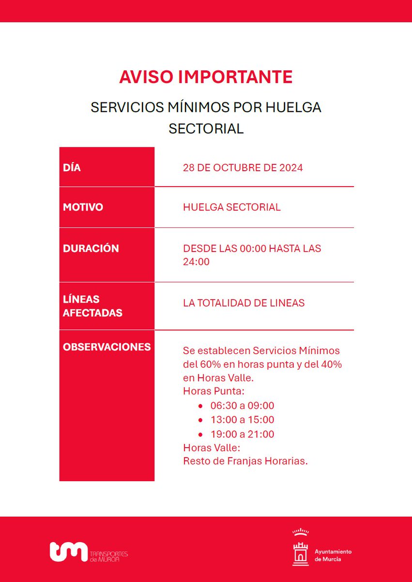 ⚠️ AVISO IMPORTANTE ⚠️

El próximo lunes, 28 de octubre, se establecen Servicios Mínimos del 60 % en horas punta y del 40 % en horas valle por huelga sectorial.

Disculpen las molestias.